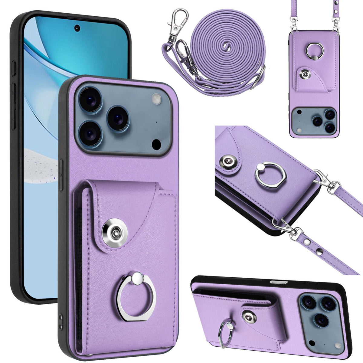 Compatible with iPhone 18 Pro Max & 17 Pro Max Organ Card Bag Ring Holder Phone Case with Long Lanyard - Purple
