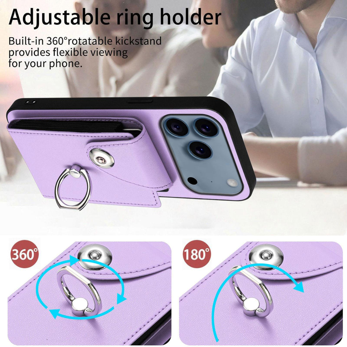 Compatible with iPhone 18 Pro Max & 17 Pro Max Organ Card Bag Ring Holder Phone Case with Long Lanyard - Purple