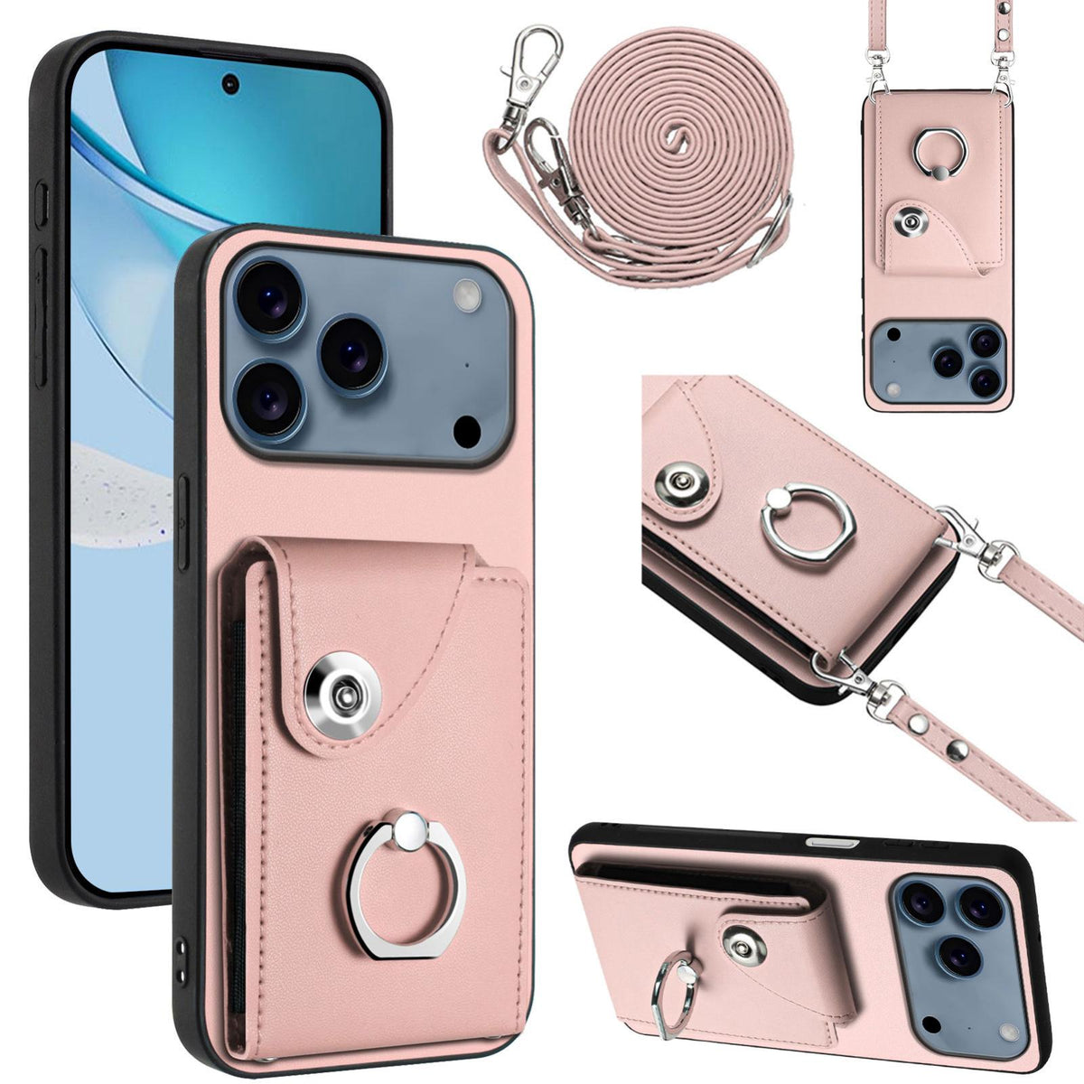 Compatible with iPhone 18 Pro Max & 17 Pro Max Organ Card Bag Ring Holder Phone Case with Long Lanyard - Pink