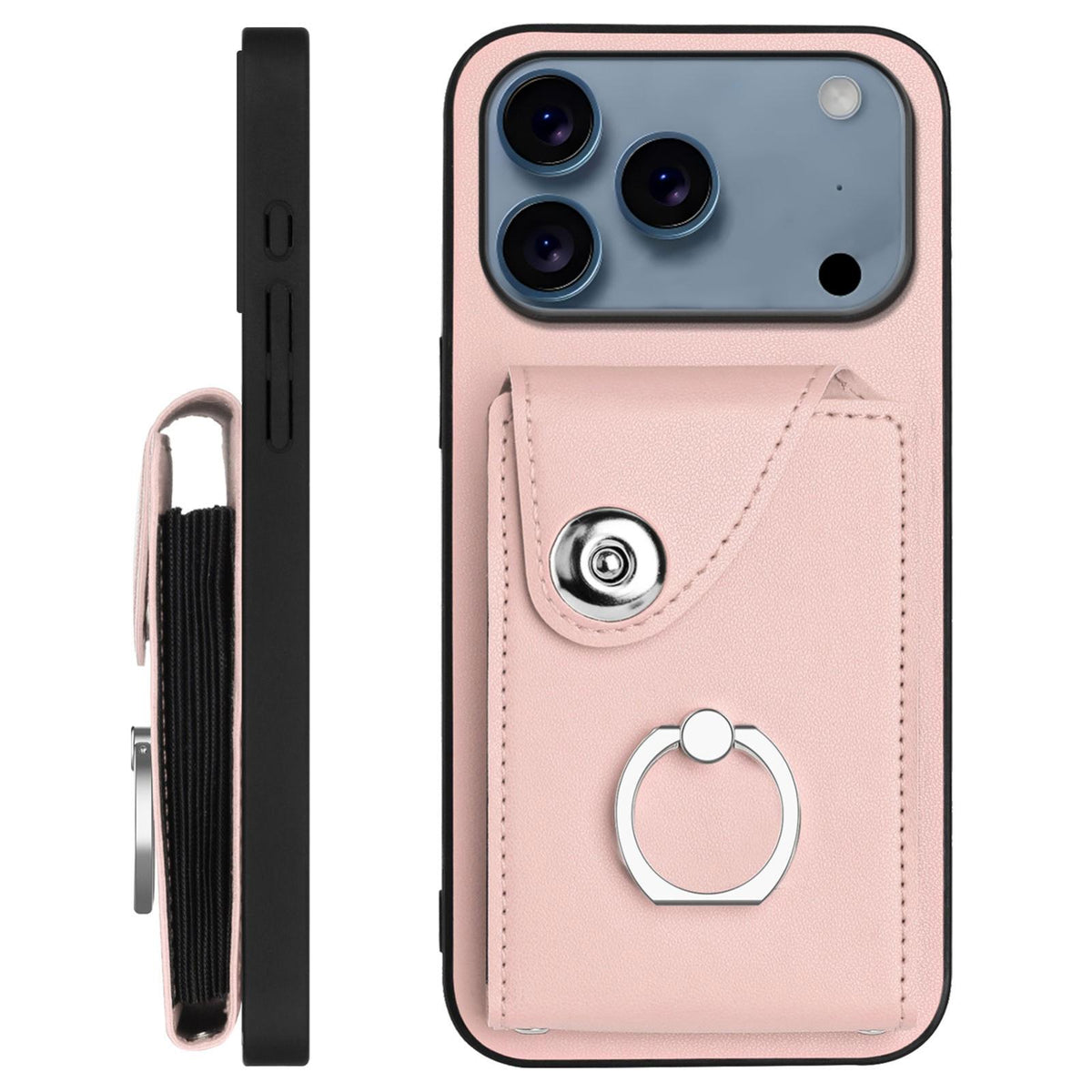 Compatible with iPhone 18 Pro Max & 17 Pro Max Organ Card Bag Ring Holder Phone Case with Long Lanyard - Pink