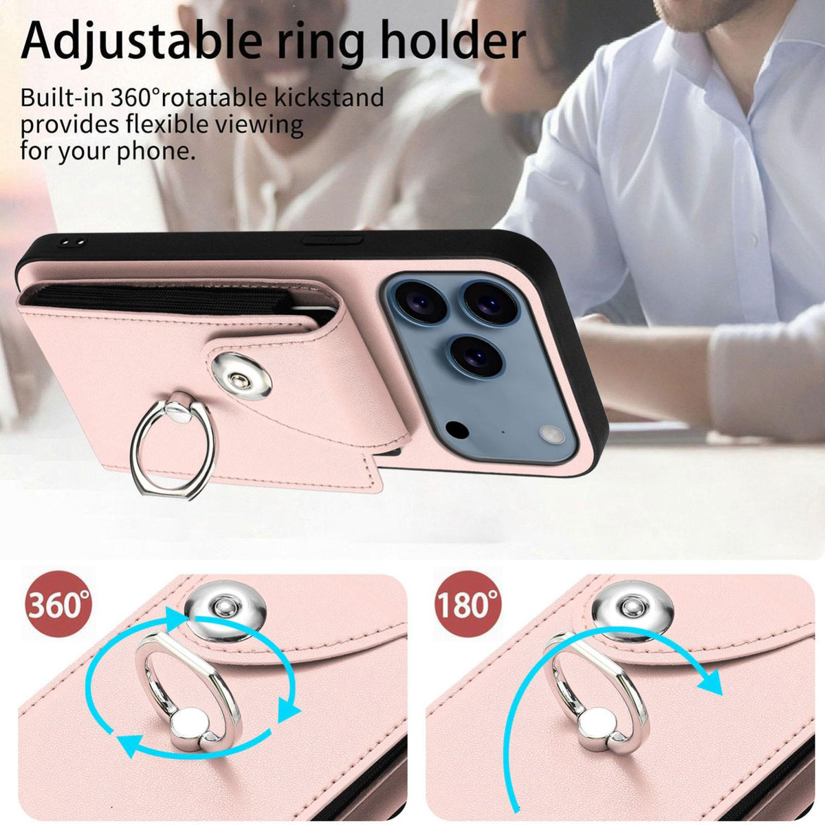 Compatible with iPhone 18 Pro Max & 17 Pro Max Organ Card Bag Ring Holder Phone Case with Long Lanyard - Pink
