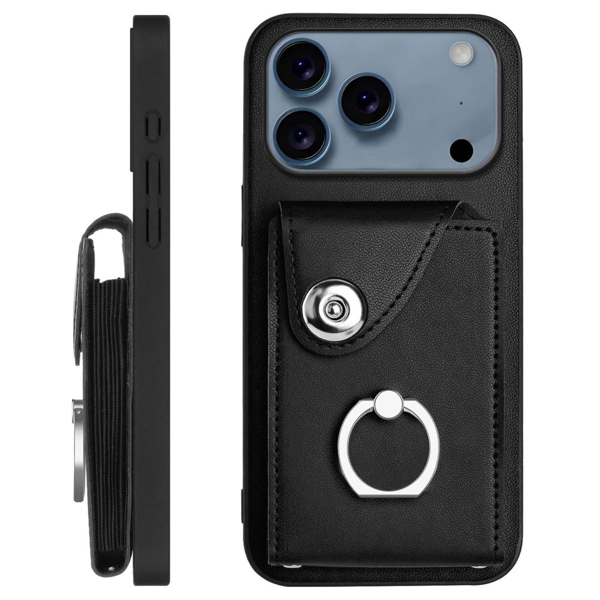 Compatible with iPhone 18 Pro Max & 17 Pro Max Organ Card Bag Ring Holder Phone Case with Long Lanyard - Black