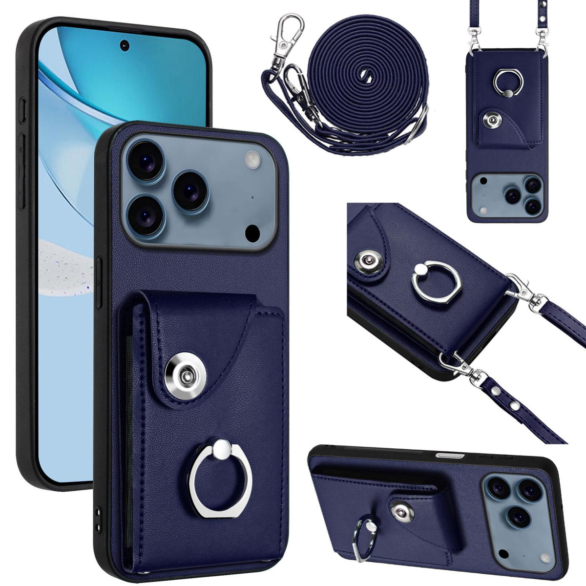 Compatible with iPhone 18 Pro & 17 Pro Organ Card Bag Ring Holder Phone Case with Long Lanyard - Blue