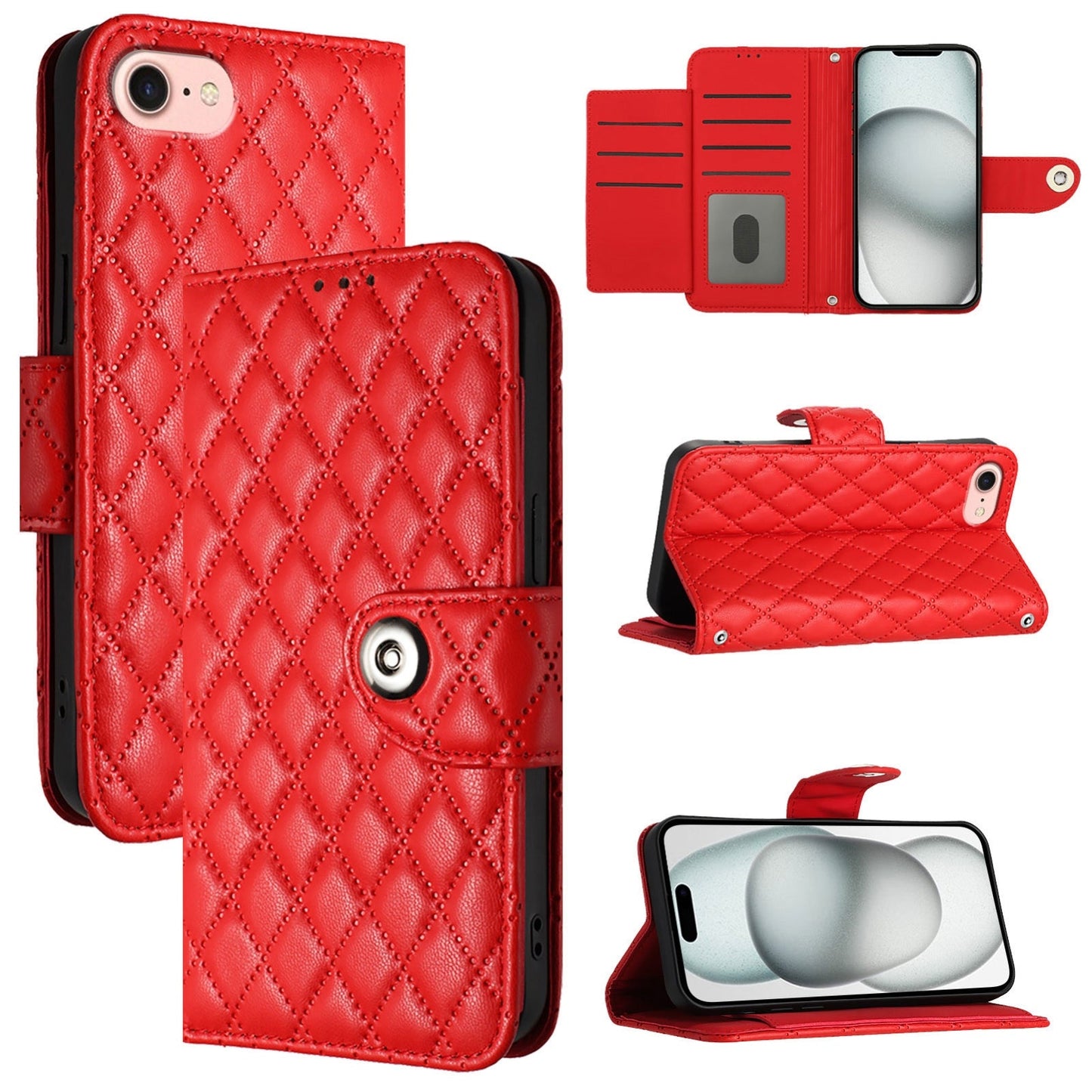 For iPhone 16e Rhombic Texture Flip Leather Phone Case with Lanyard(Red)