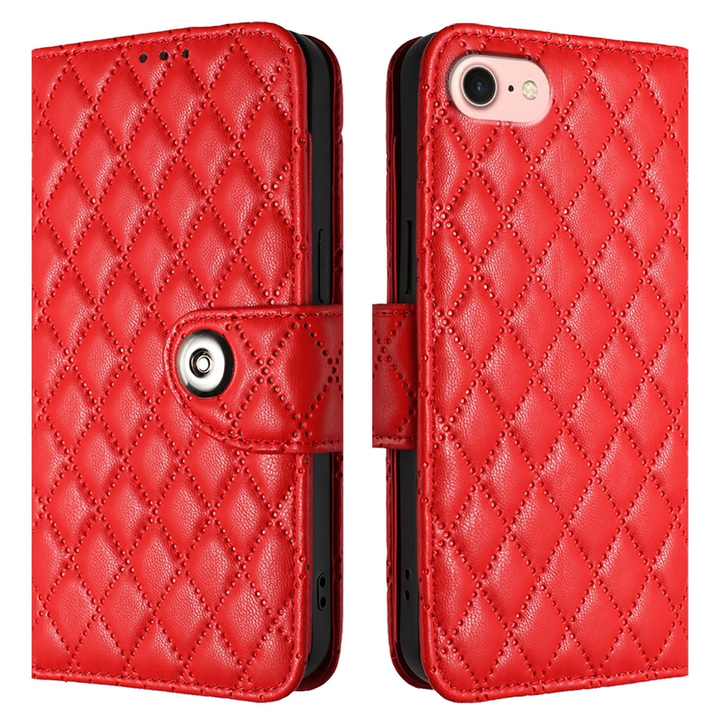 For iPhone 16e Rhombic Texture Flip Leather Phone Case with Lanyard(Red)