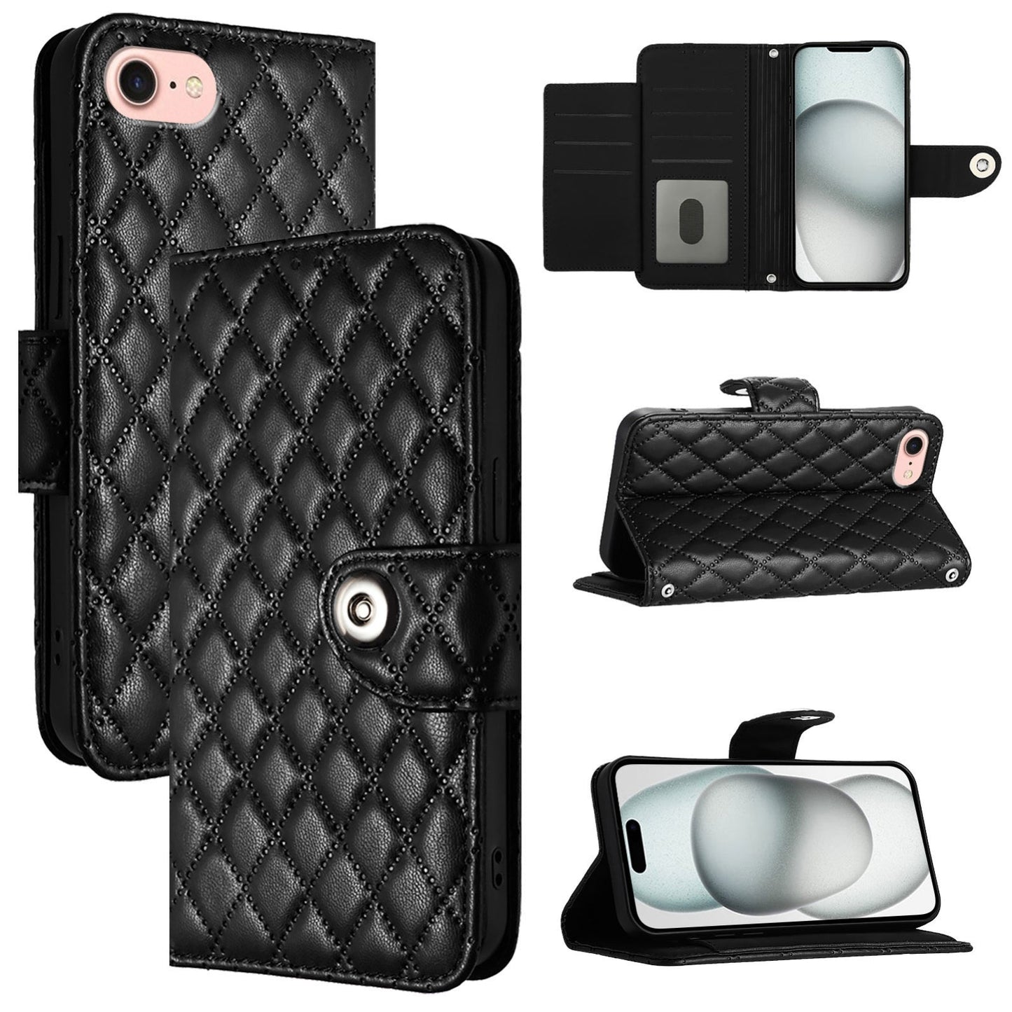 For iPhone 16e Rhombic Texture Flip Leather Phone Case with Lanyard(Black)