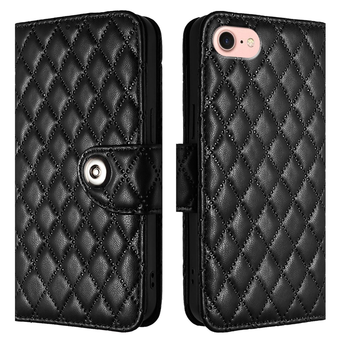 For iPhone 16e Rhombic Texture Flip Leather Phone Case with Lanyard(Black)