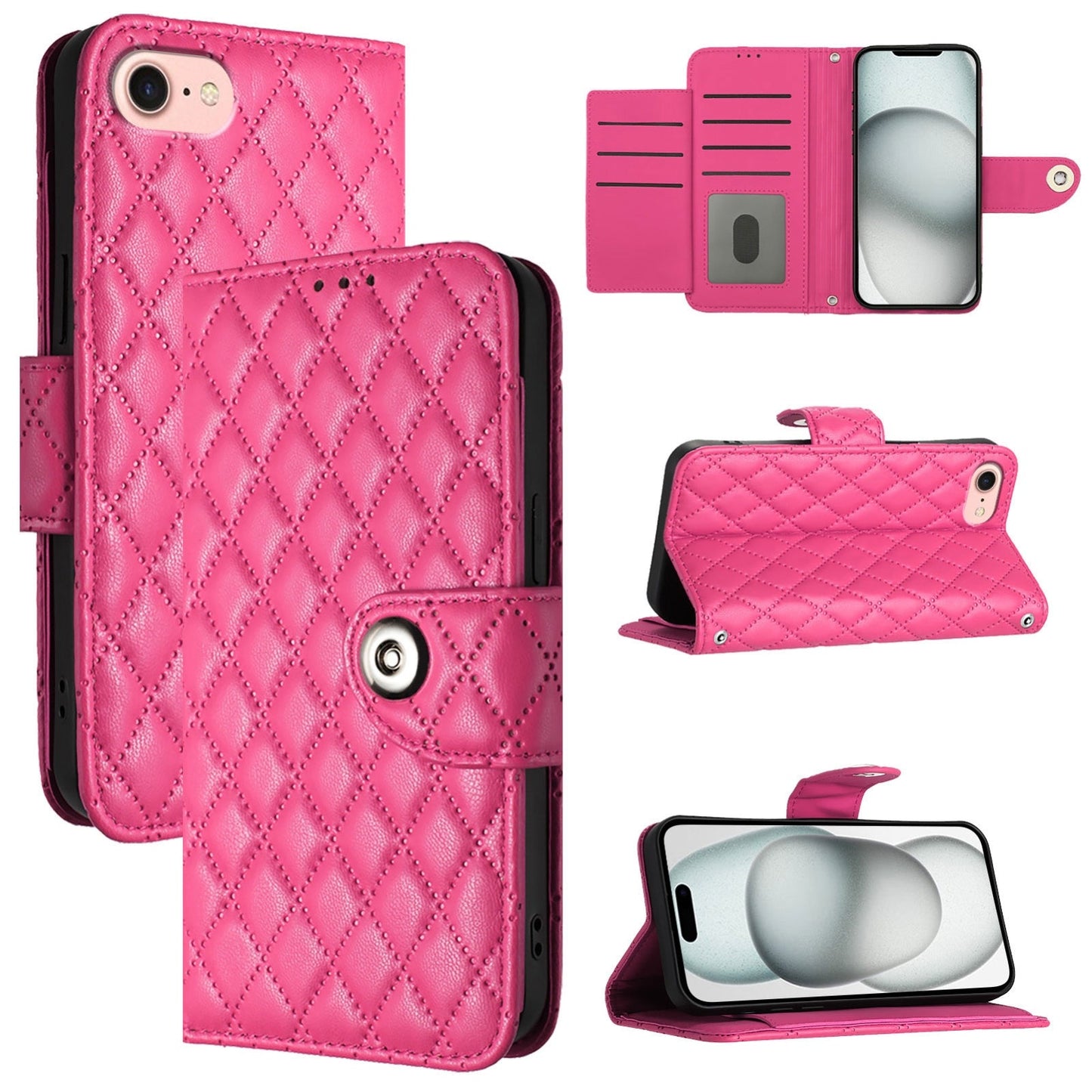 For iPhone 16e Rhombic Texture Flip Leather Phone Case with Lanyard(Rose Red)