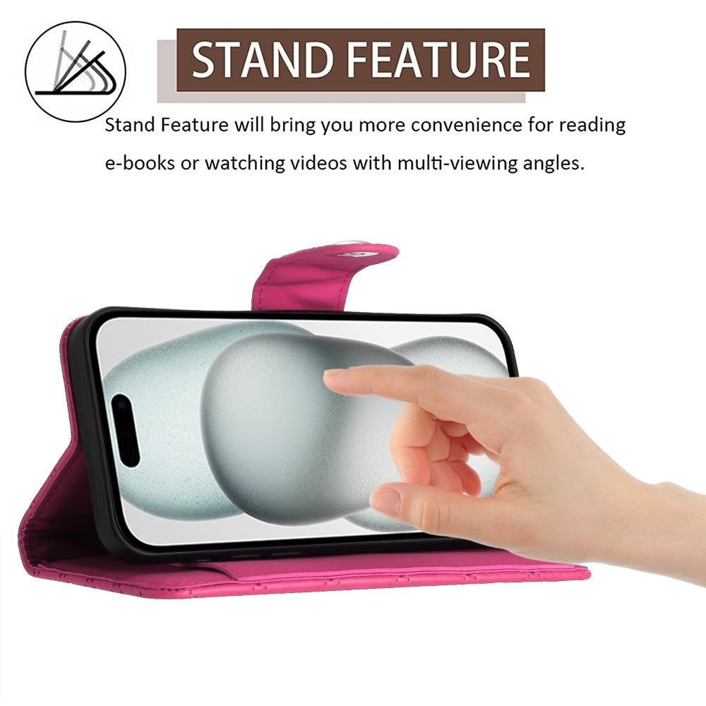 For iPhone 16e Rhombic Texture Flip Leather Phone Case with Lanyard(Rose Red)