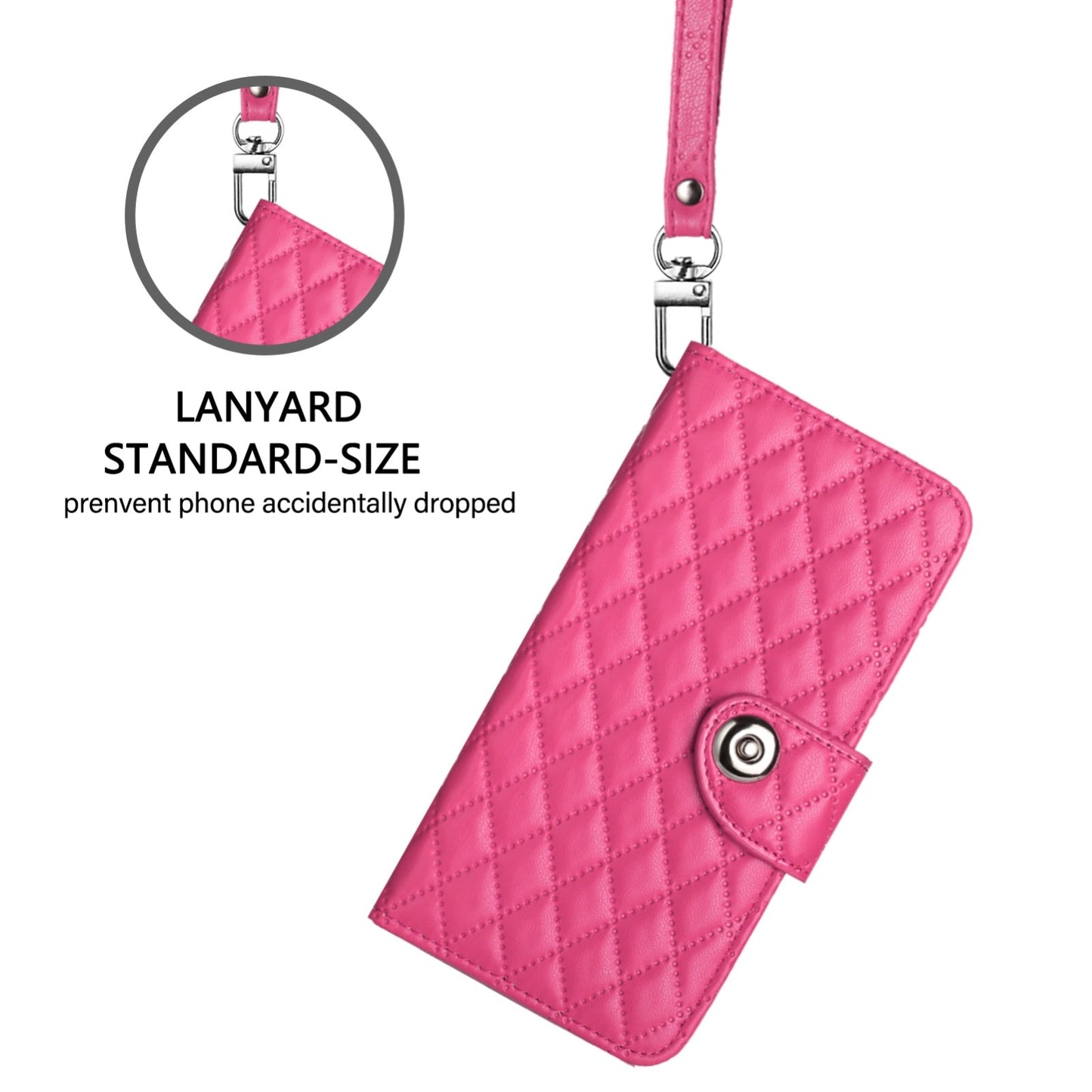 For iPhone 16e Rhombic Texture Flip Leather Phone Case with Lanyard(Rose Red)