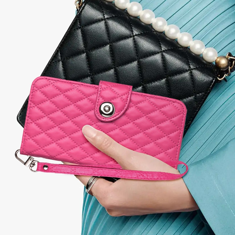 For iPhone 16e Rhombic Texture Flip Leather Phone Case with Lanyard(Rose Red)