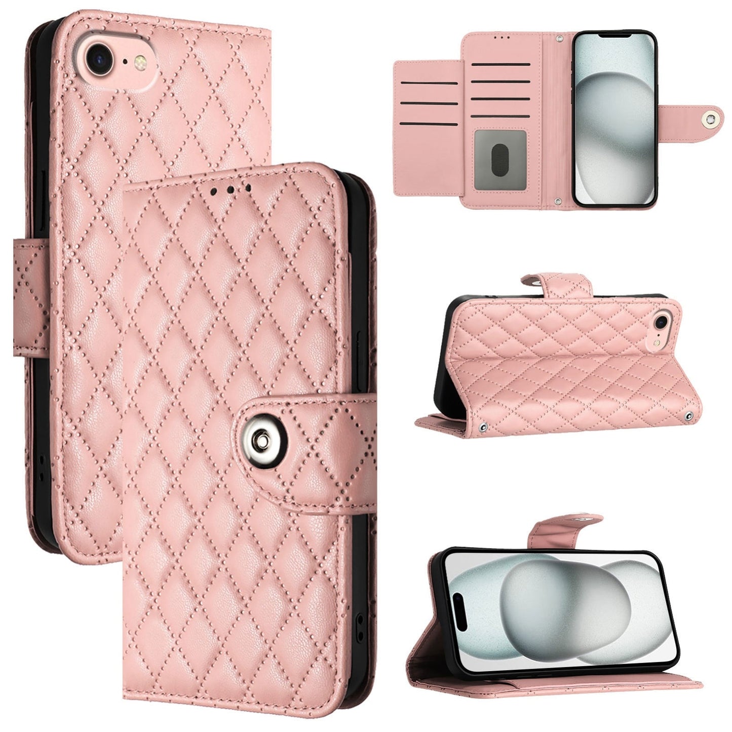 For iPhone 16e Rhombic Texture Flip Leather Phone Case with Lanyard(Coral Pink)
