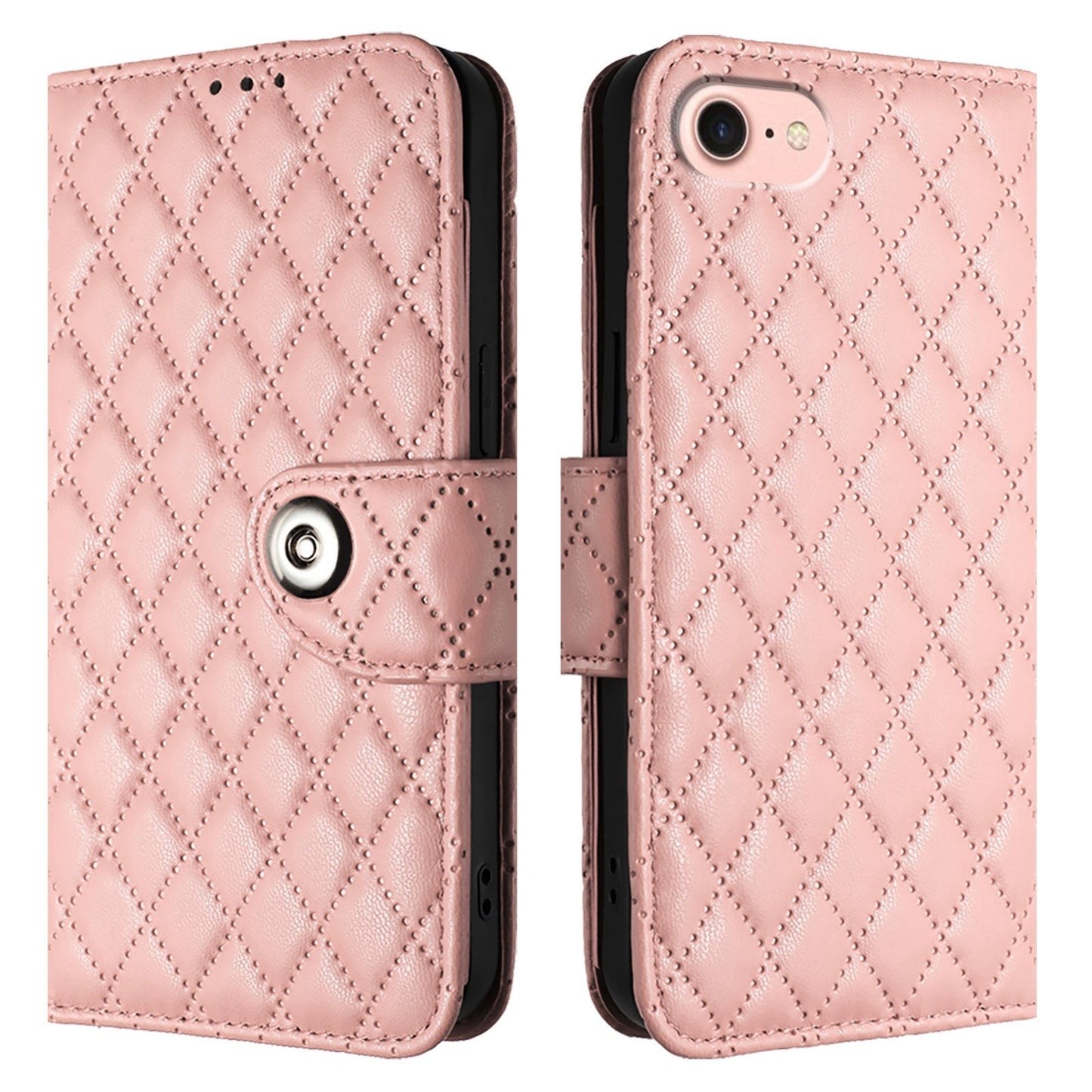 For iPhone 16e Rhombic Texture Flip Leather Phone Case with Lanyard(Coral Pink)