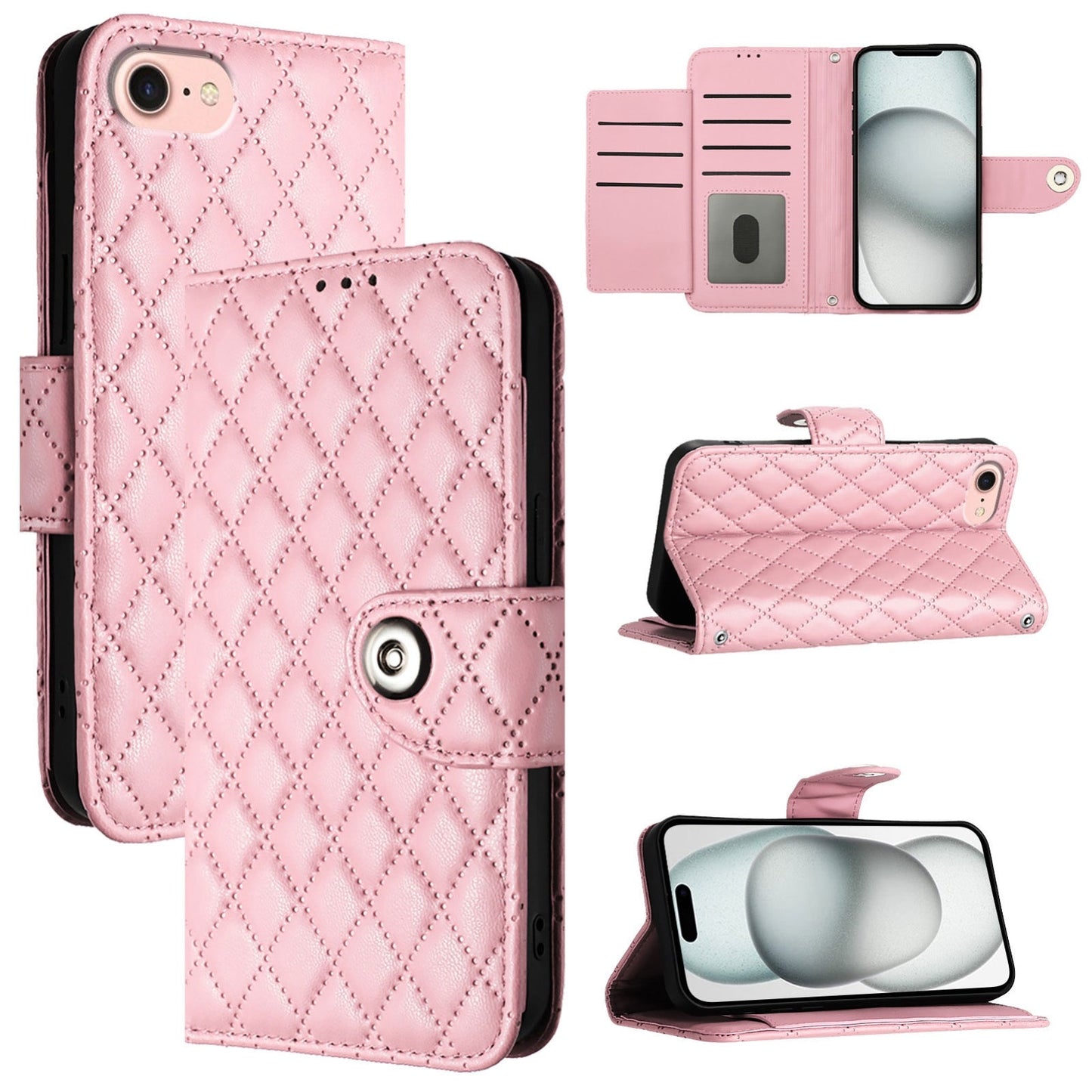 For iPhone 16e Rhombic Texture Flip Leather Phone Case with Lanyard(Pink)