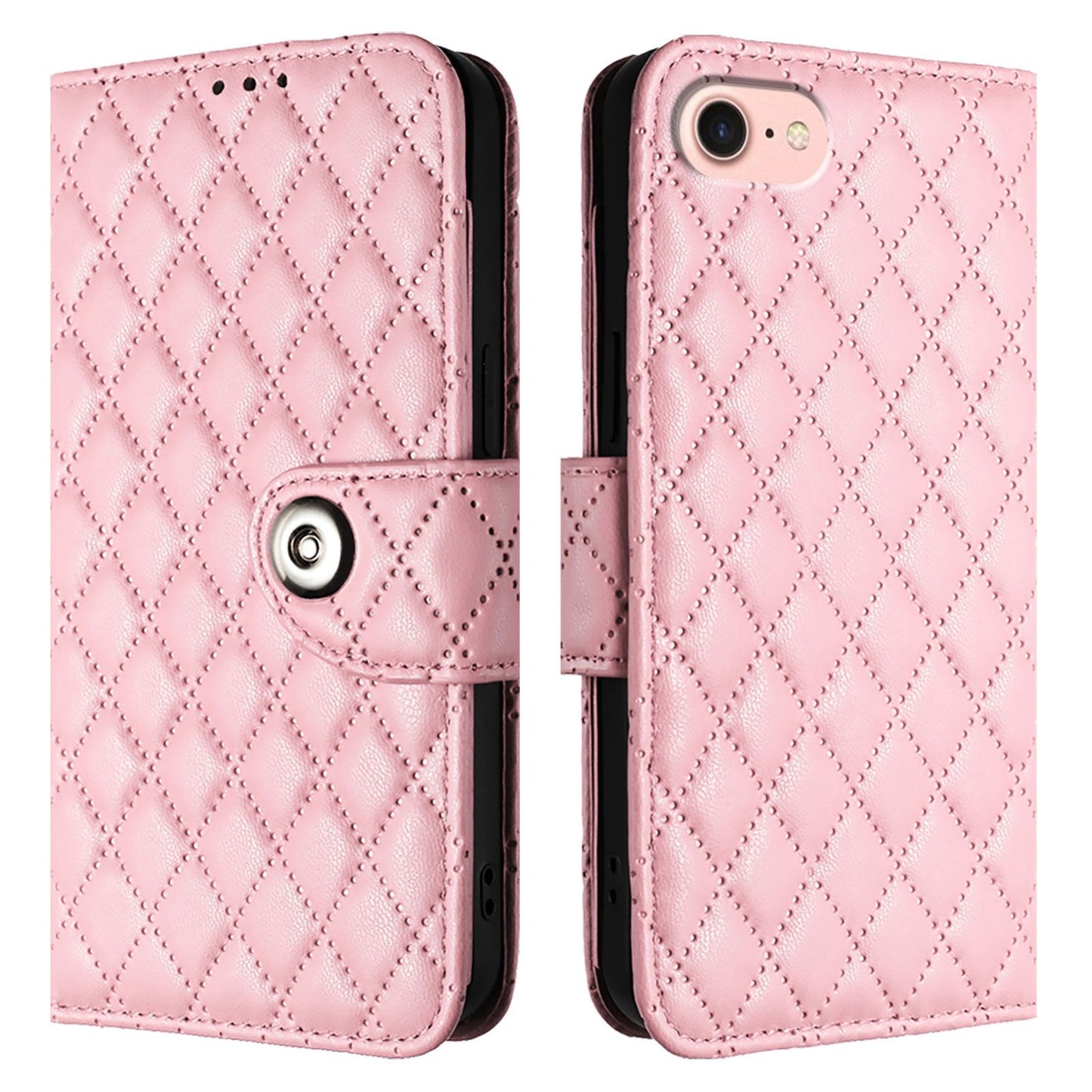For iPhone 16e Rhombic Texture Flip Leather Phone Case with Lanyard(Pink)