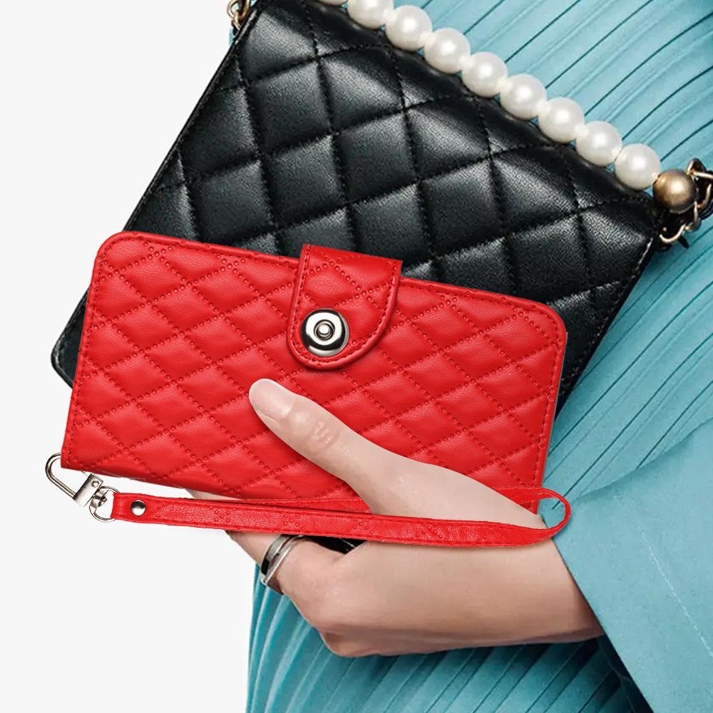 Compatible with iPhone 18 Pro Max & 17 Pro Max Rhombic Texture Flip Leather Phone Case with Lanyard - Red
