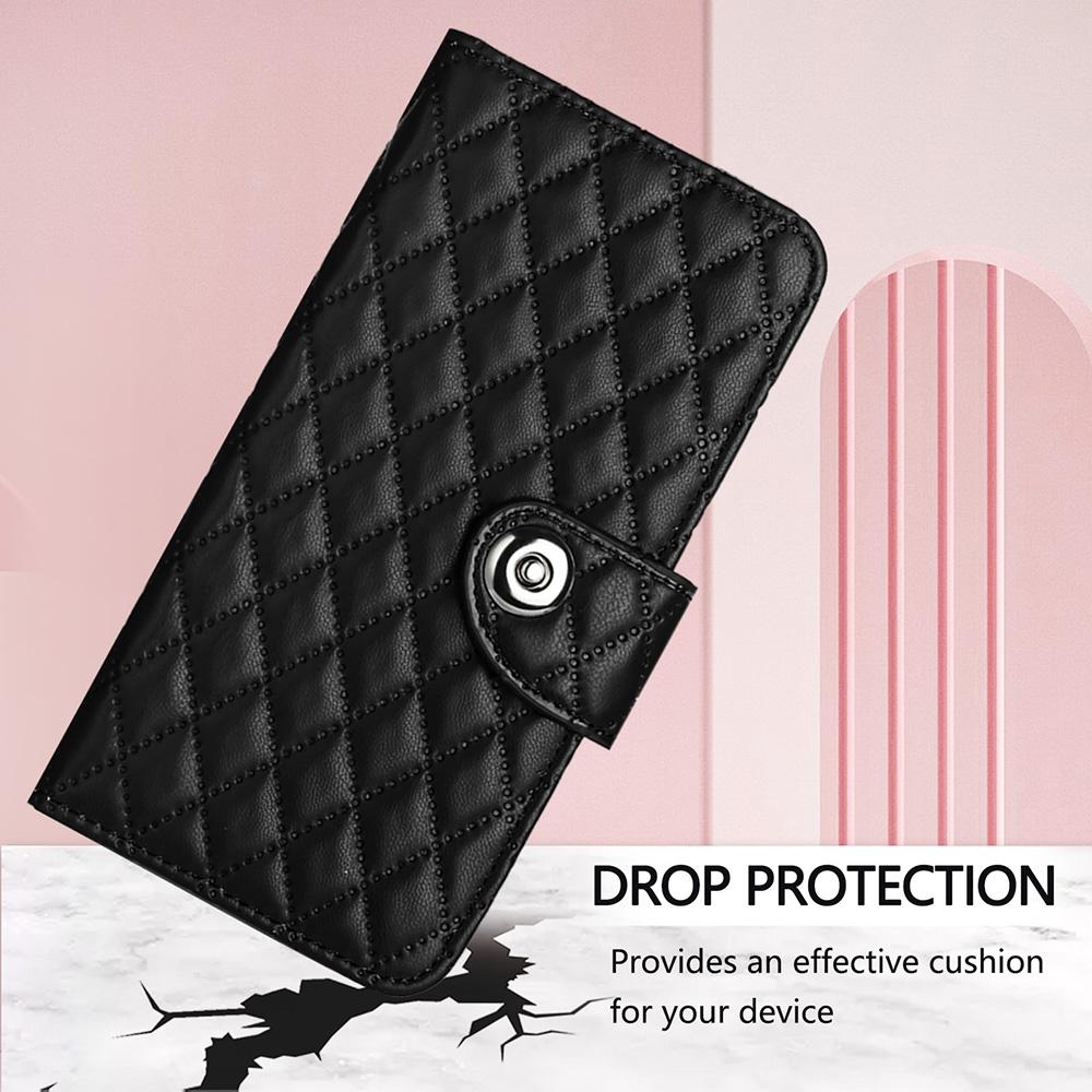 Compatible with iPhone 18 Pro Max & 17 Pro Max Rhombic Texture Flip Leather Phone Case with Lanyard - Black
