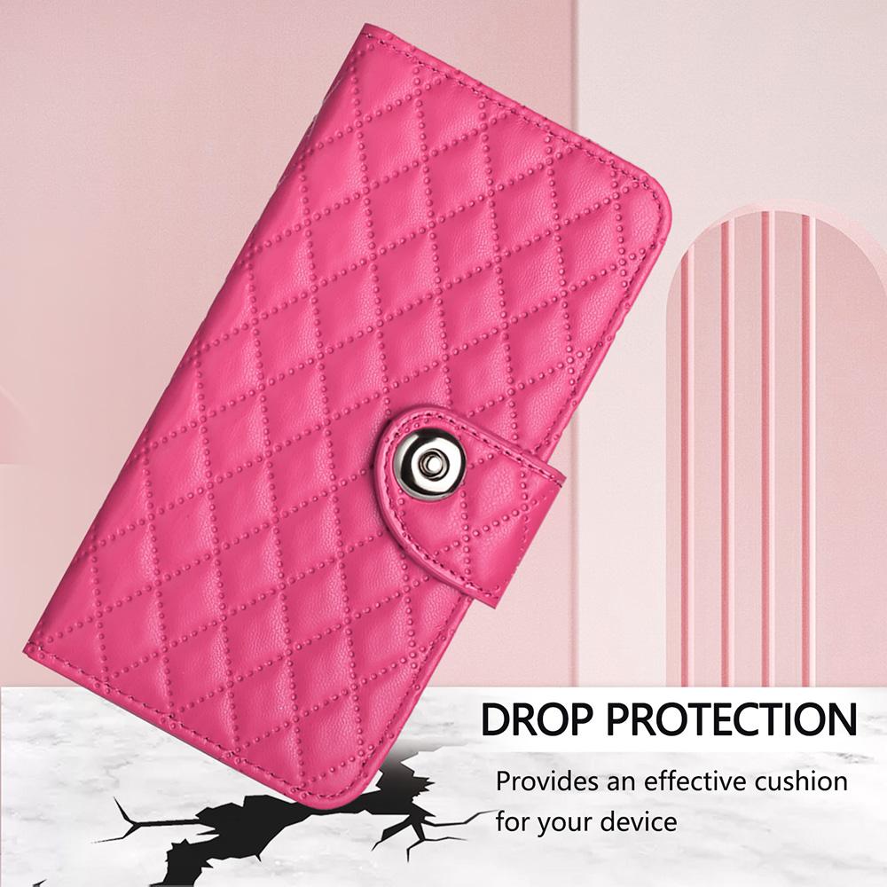Compatible with iPhone 18 Pro Max & 17 Pro Max Rhombic Texture Flip Leather Phone Case with Lanyard - Rose Red