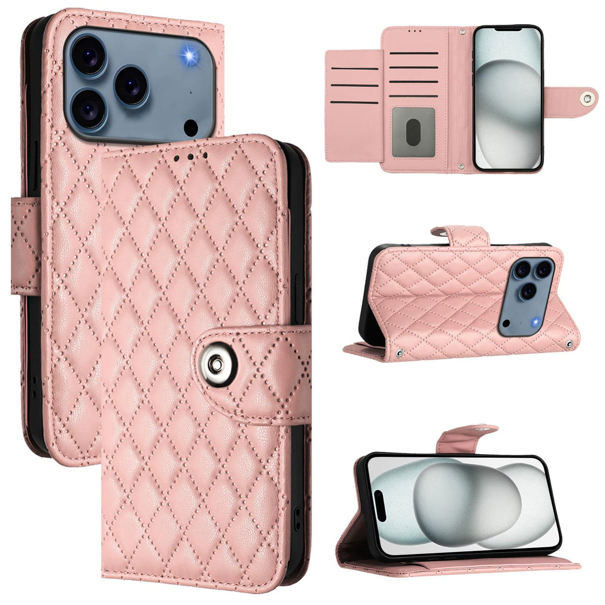Compatible with iPhone 18 Pro Max & 17 Pro Max Rhombic Texture Flip Leather Phone Case with Lanyard - Coral Pink