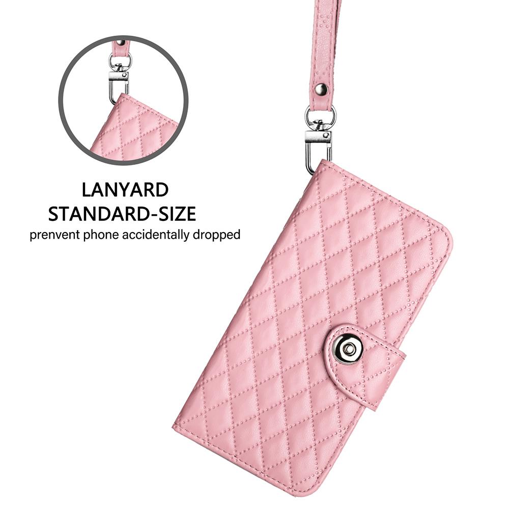 Compatible with iPhone 18 Pro Max & 17 Pro Max Rhombic Texture Flip Leather Phone Case with Lanyard - Pink