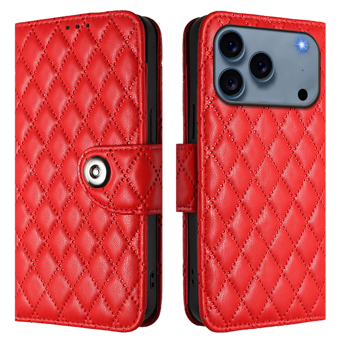 Compatible with iPhone 18 Pro & 17 Pro Rhombic Texture Flip Leather Phone Case with Lanyard - Red