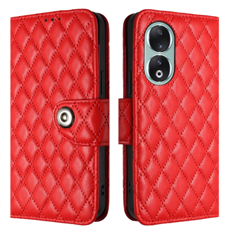 For Honor 90 Rhombic Texture Flip Leather Phone Case with Lanyard(Red)