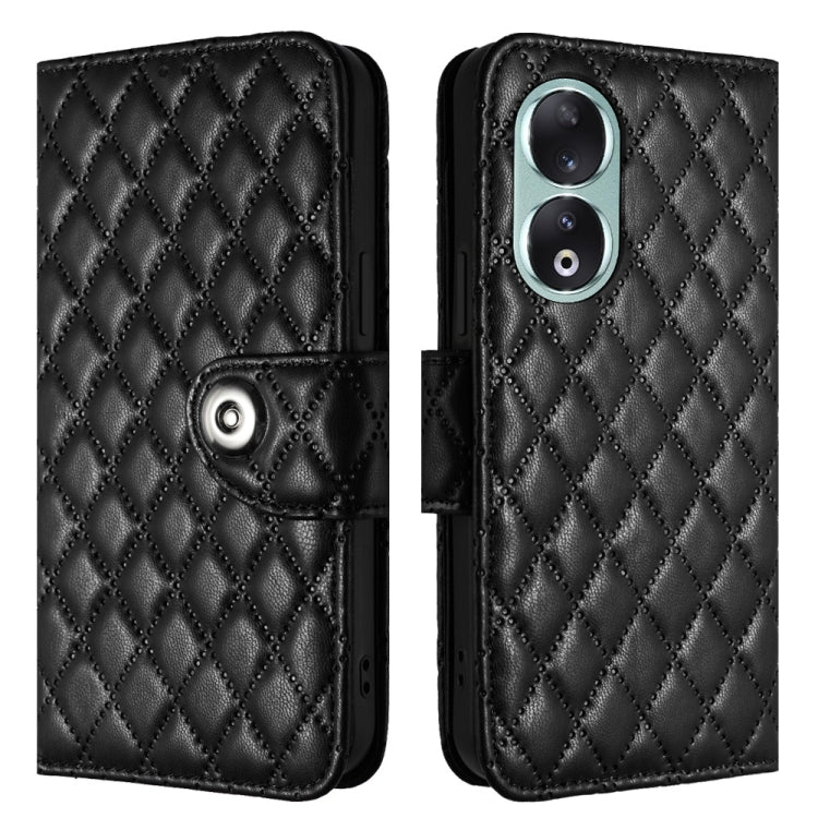 For Honor 90 Rhombic Texture Flip Leather Phone Case with Lanyard(Black)