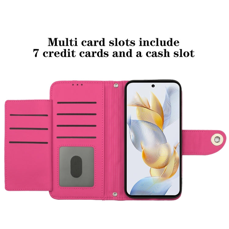 For Honor 90 Rhombic Texture Flip Leather Phone Case with Lanyard(Rose Red)