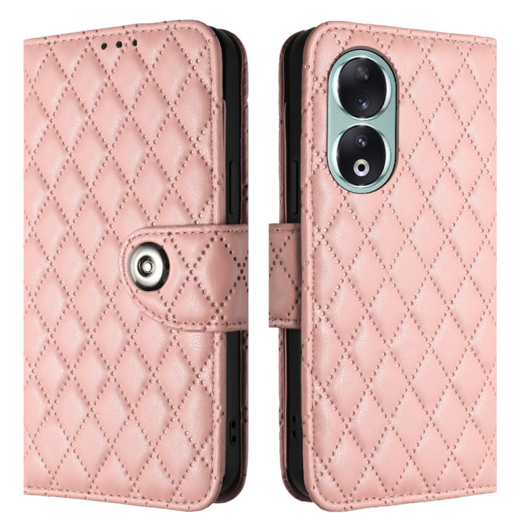 For Honor 90 Rhombic Texture Flip Leather Phone Case with Lanyard(Coral Pink)
