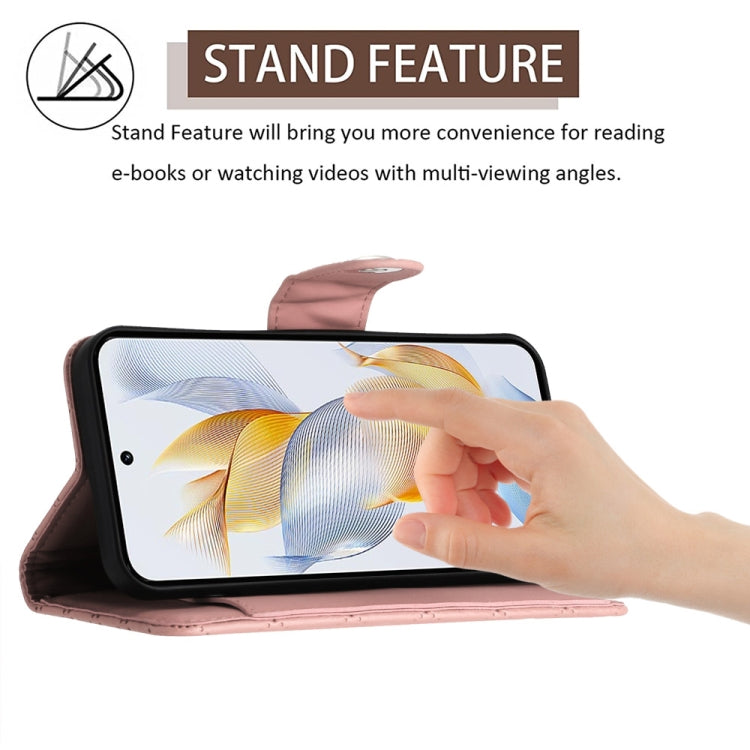 For Honor 90 Rhombic Texture Flip Leather Phone Case with Lanyard(Coral Pink)