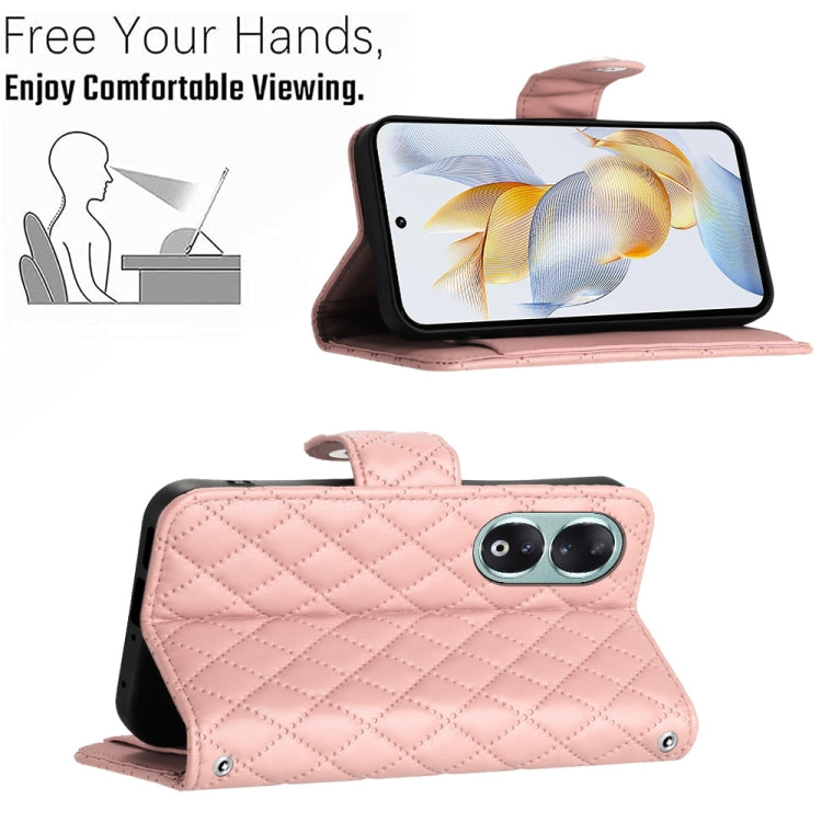 For Honor 90 Rhombic Texture Flip Leather Phone Case with Lanyard(Coral Pink)