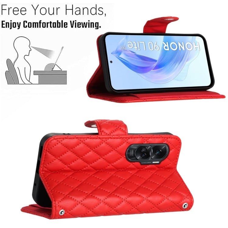 For Honor 90 Lite Rhombic Texture Flip Leather Phone Case with Lanyard(Red)
