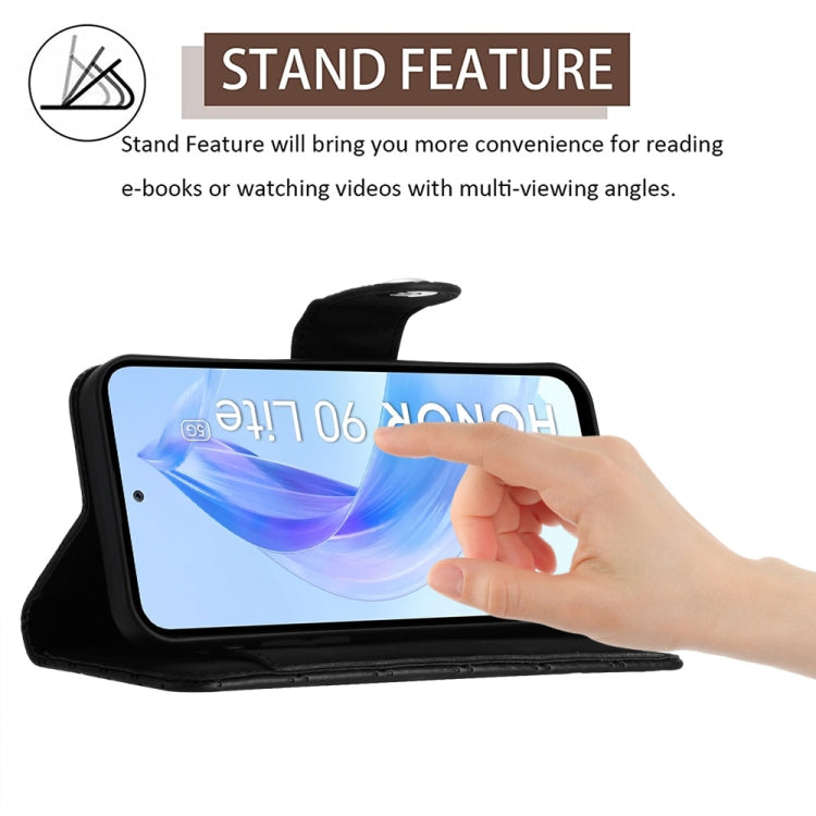 For Honor 90 Lite Rhombic Texture Flip Leather Phone Case with Lanyard(Black)