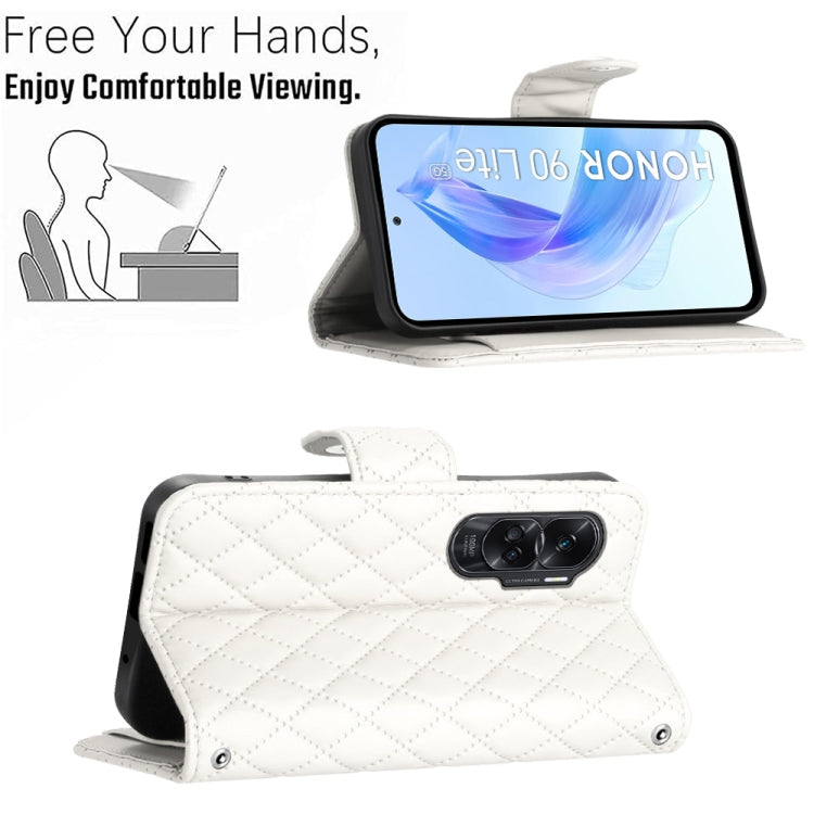 For Honor 90 Lite Rhombic Texture Flip Leather Phone Case with Lanyard(White)