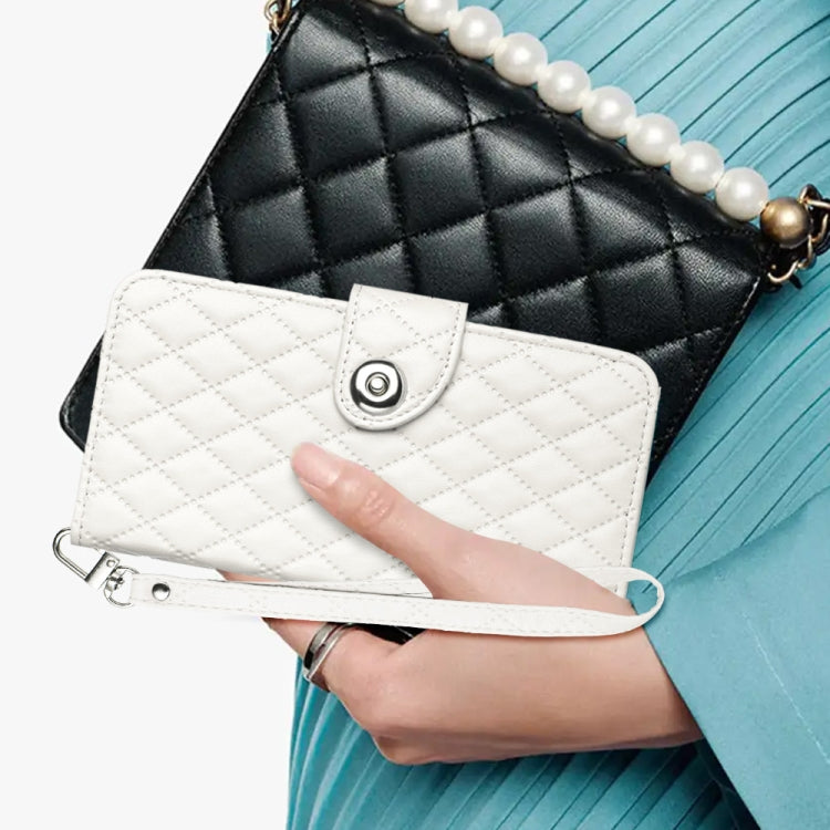 For Honor 90 Lite Rhombic Texture Flip Leather Phone Case with Lanyard(White)