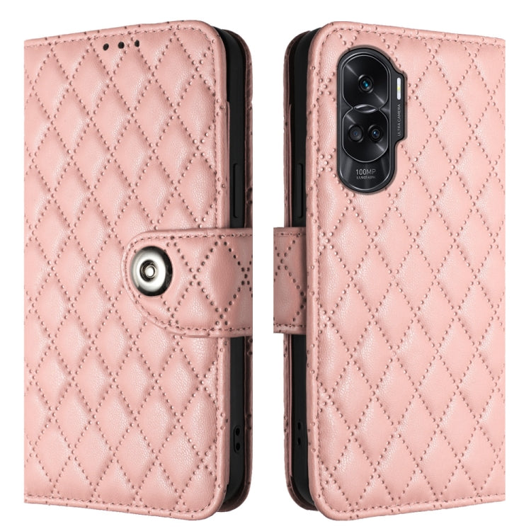 For Honor 90 Lite Rhombic Texture Flip Leather Phone Case with Lanyard(Coral Pink)
