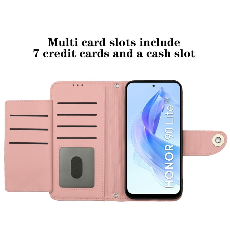 For Honor 90 Lite Rhombic Texture Flip Leather Phone Case with Lanyard(Coral Pink)