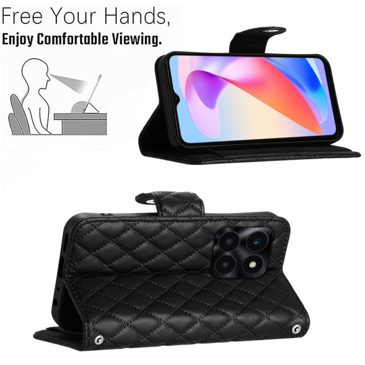 For Honor X6a Rhombic Texture Flip Leather Phone Case with Lanyard(Black)