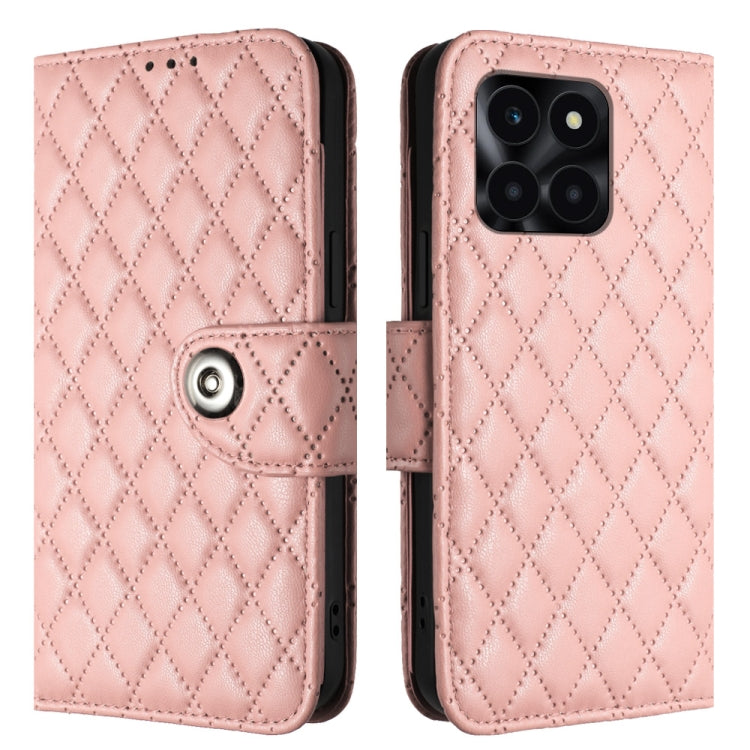 For Honor X6a Rhombic Texture Flip Leather Phone Case with Lanyard(Coral Pink)