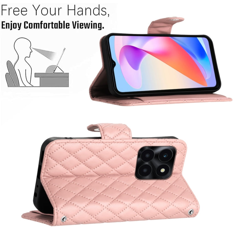 For Honor X6a Rhombic Texture Flip Leather Phone Case with Lanyard(Coral Pink)