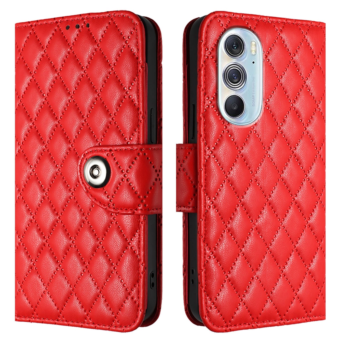 For Motorola Edge 30 Pro / Edge+ 2022 Rhombic Texture Flip Leather Phone Case with Lanyard(Red)