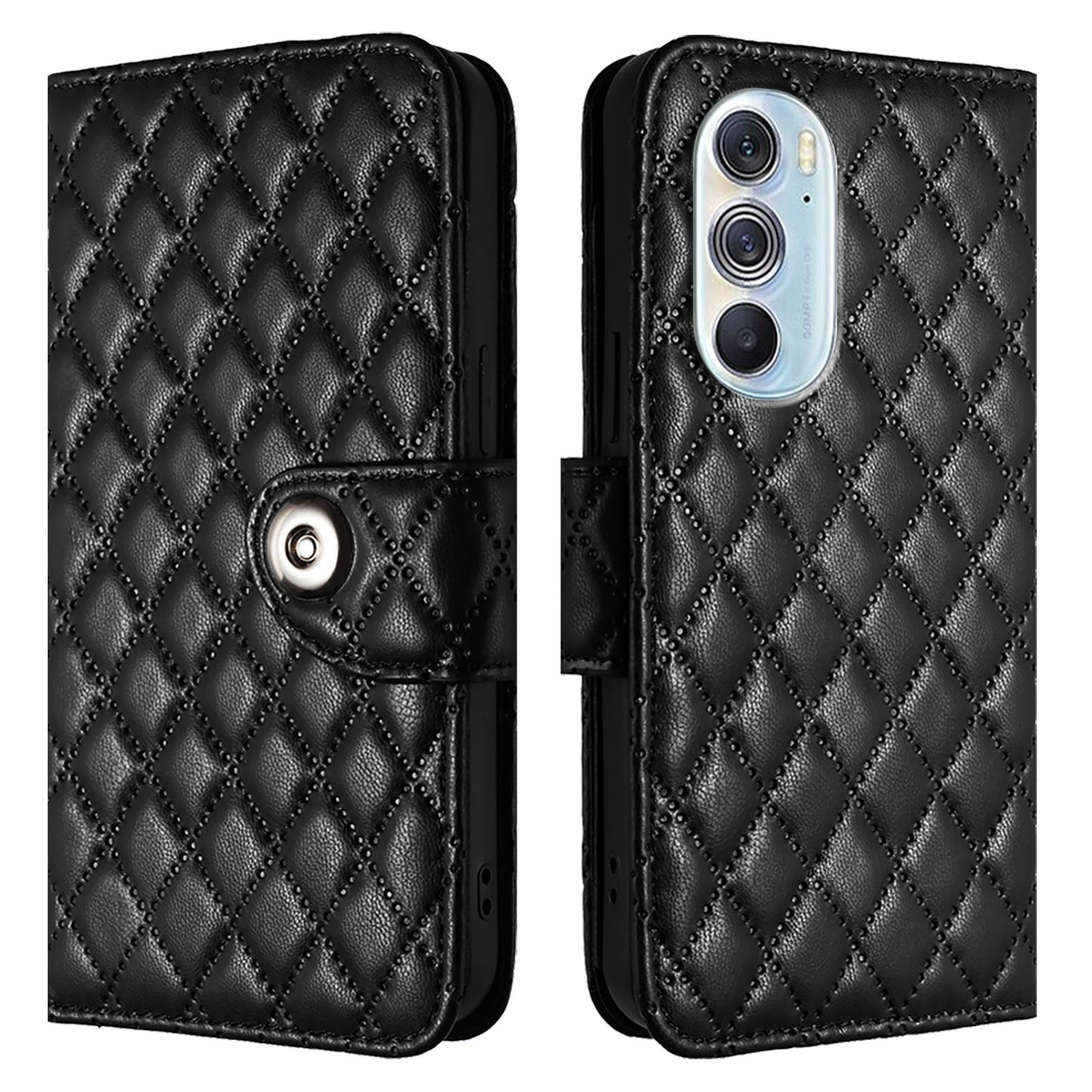 For Motorola Edge 30 Pro / Edge+ 2022 Rhombic Texture Flip Leather Phone Case with Lanyard(Black)
