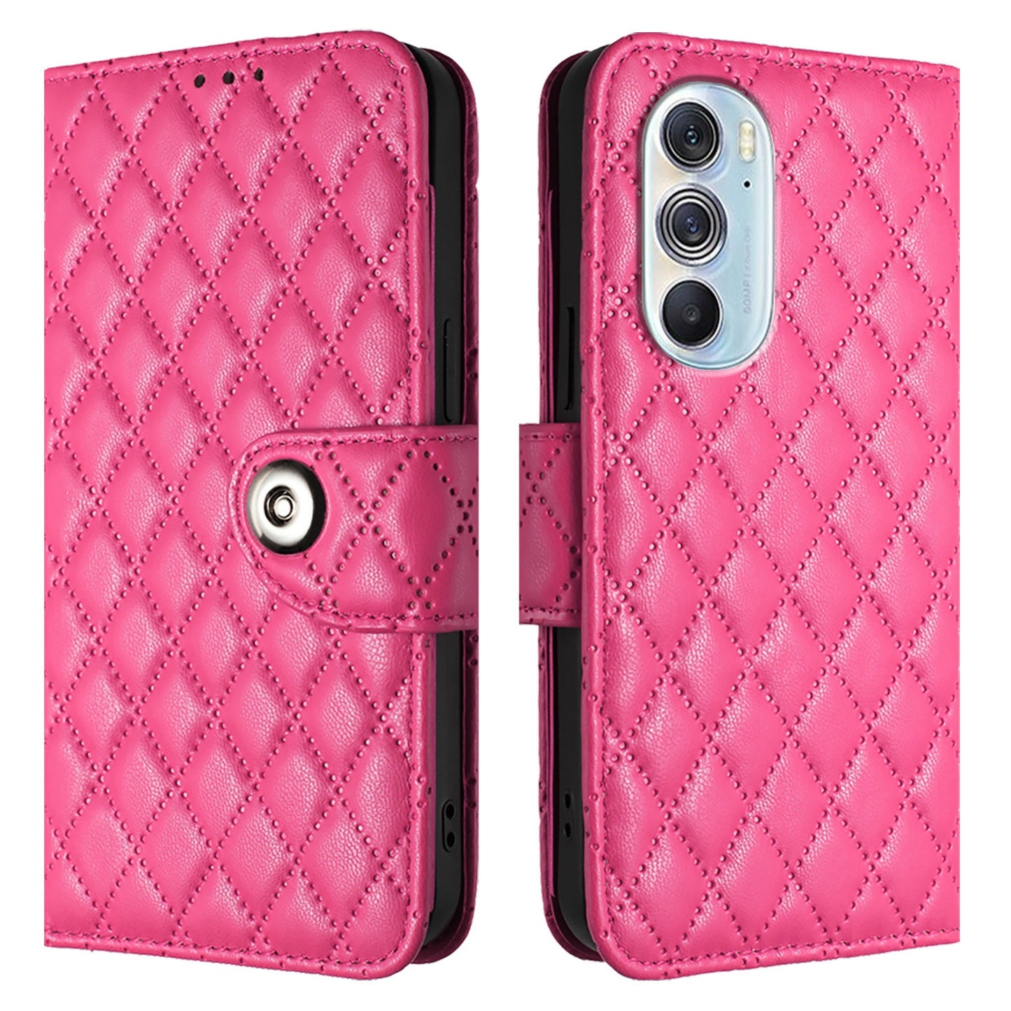 For Motorola Edge 30 Pro / Edge+ 2022 Rhombic Texture Flip Leather Phone Case with Lanyard(Rose Red)