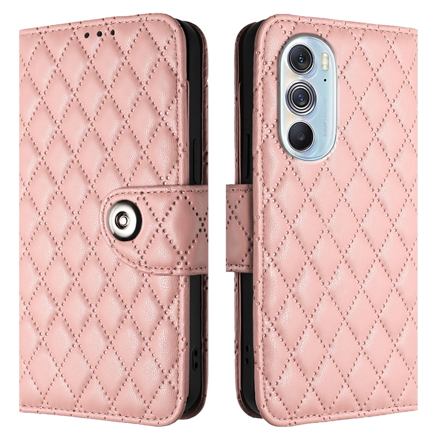 For Motorola Edge 30 Pro / Edge+ 2022 Rhombic Texture Flip Leather Phone Case with Lanyard(Coral Pink)