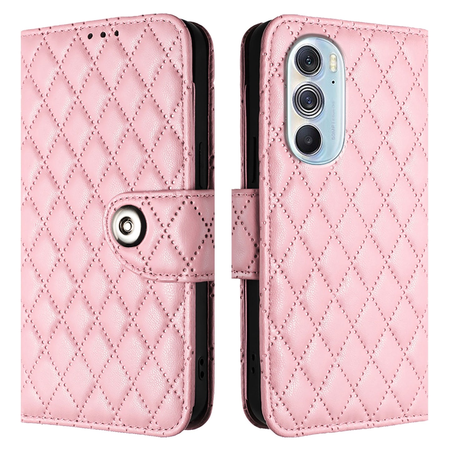 For Motorola Edge 30 Pro / Edge+ 2022 Rhombic Texture Flip Leather Phone Case with Lanyard(Pink)