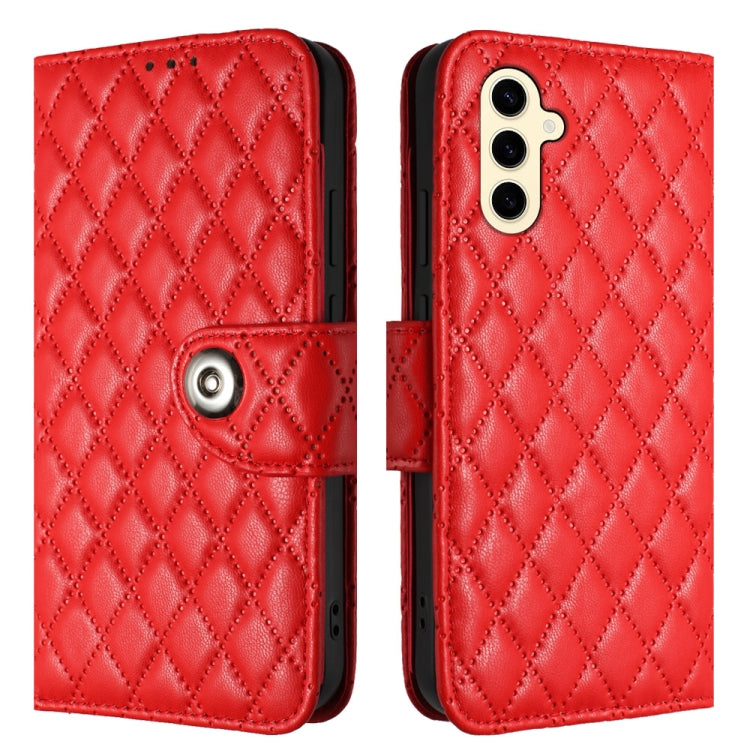 For Samsung Galaxy S24 5G Rhombic Texture Flip Leather Phone Case with Lanyard(Red)