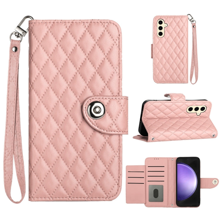 For Samsung Galaxy S24 5G Rhombic Texture Flip Leather Phone Case with Lanyard(Coral Pink)