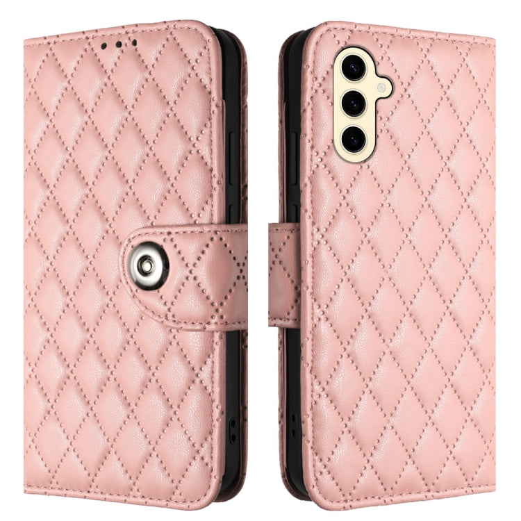 For Samsung Galaxy S24 5G Rhombic Texture Flip Leather Phone Case with Lanyard(Coral Pink)