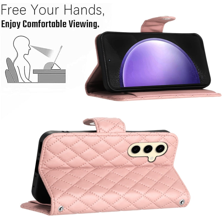 For Samsung Galaxy S24 5G Rhombic Texture Flip Leather Phone Case with Lanyard(Coral Pink)