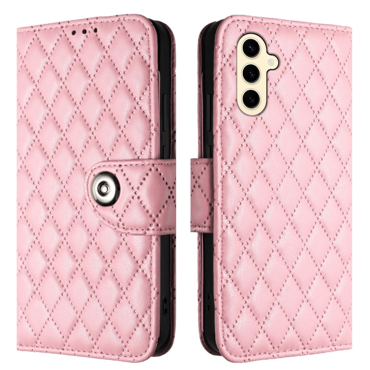 For Samsung Galaxy S24 5G Rhombic Texture Flip Leather Phone Case with Lanyard(Pink)
